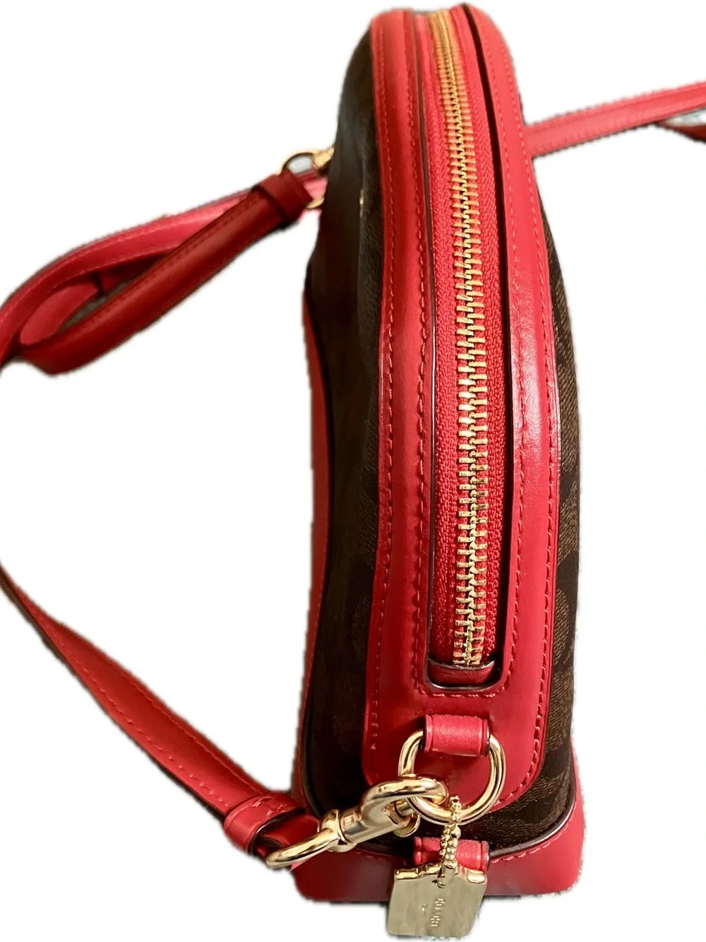 Coach Brown Signature Dome Crossbody with Red Trim